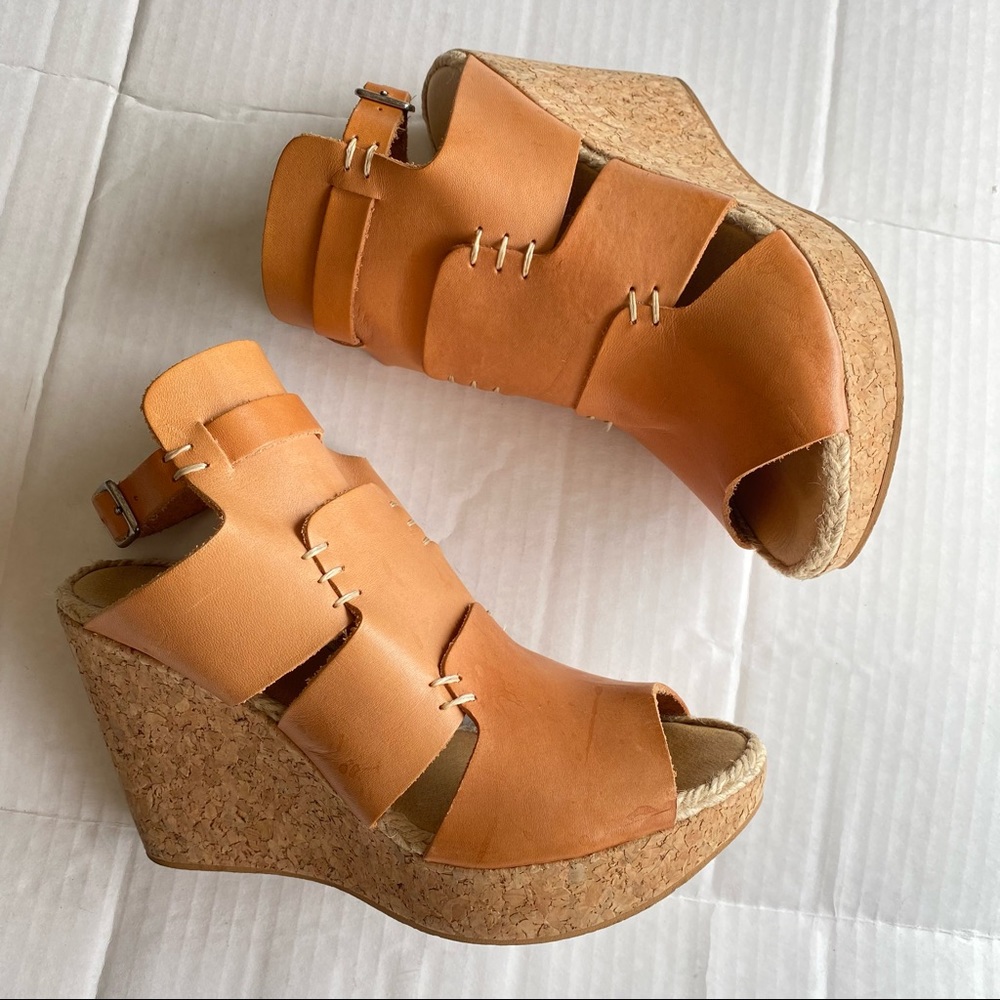 Free People Size 40 Vachetta Tan Leather Peep-Toe Cork Wedge Ankle Strap Sandal